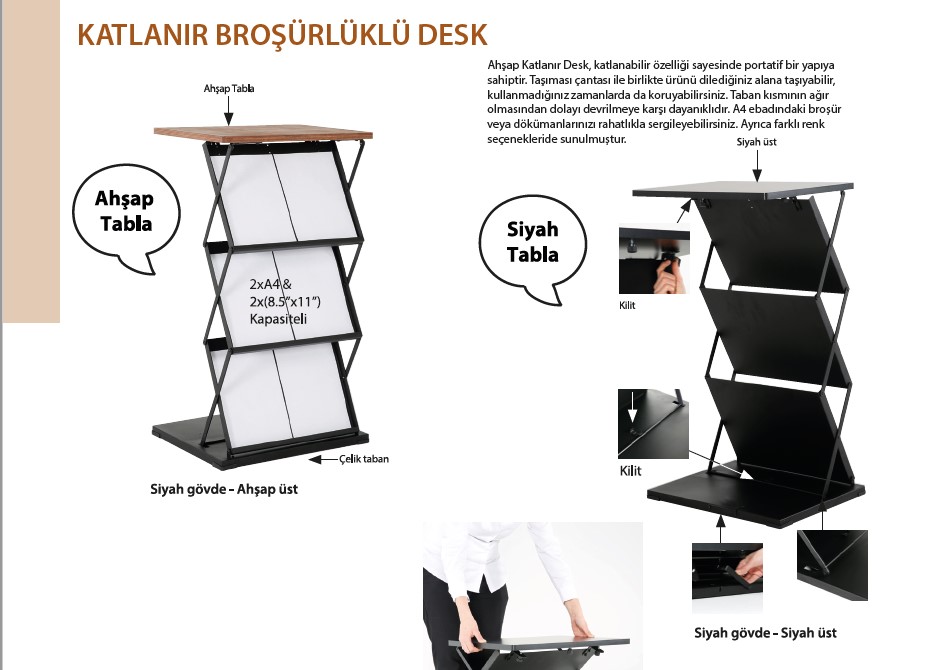 KATLANIR BROŞÜRLÜKLÜ DESK 2xA4 & MALZEME : Sac ve Ahşap ÜRÜN KODU UWFC1B1324 UWFC1D1324 EBAT 2XA4-8.5X11 2XA4-8.5X11 AÇIKLAMA Siyah gövde, siyah üst tablalı çantalı Siyah gövde, ahşap tablalı çantalı Ürünün gri gövdeli ve 